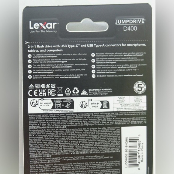 Lexar 512GB JumpDrive Dual Drive D400 USB 3.2 Gen 1 Type-C & Type-A Flash Drive - Picture 3 of 4